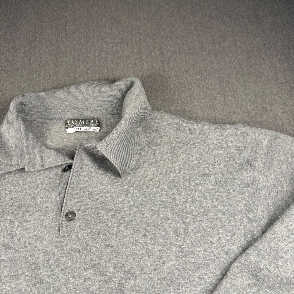 St. Croix Tasmere Grey Tasmanian‎ Merino Wool Polo Sweater XL Long Sleeve